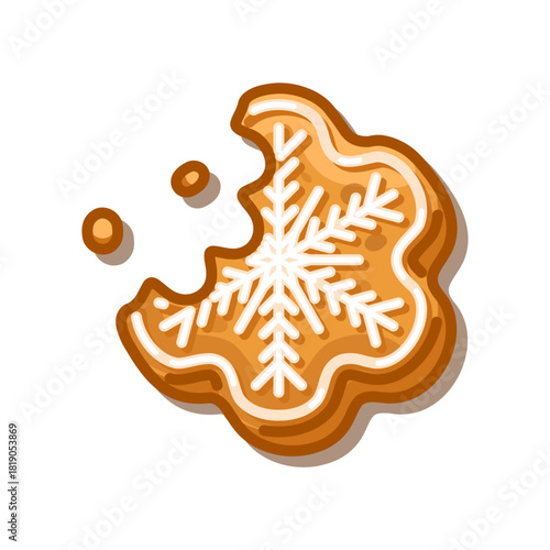 Vector illustration of a bitten gingerbread cookie with white snowflake icing and crumbs on white background.