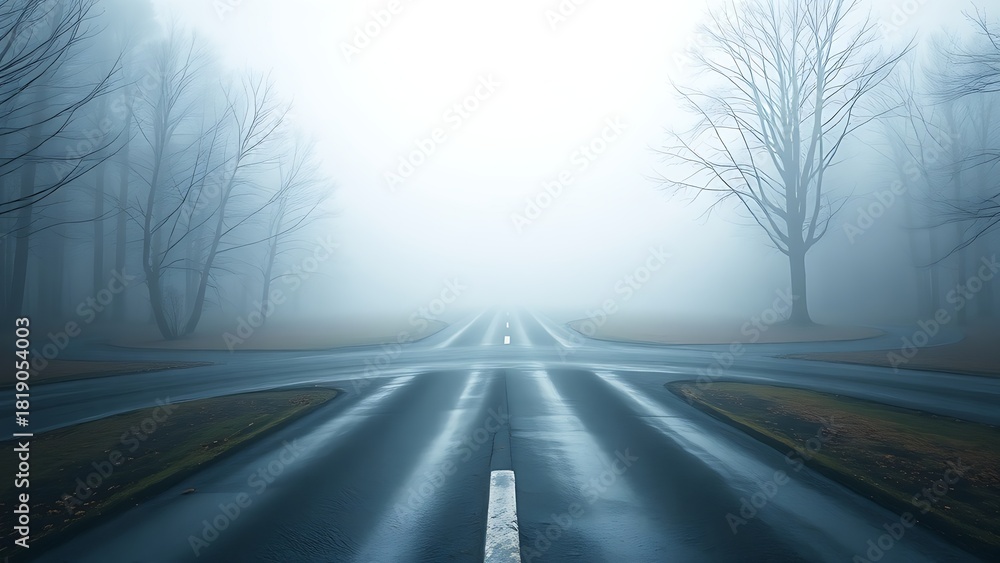 Fototapeta premium An abstract crossroads with two diverging paths in a misty morning, creating a sense of choice.