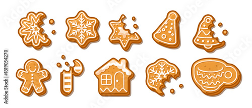 Collection of festive gingerbread cookies in various holiday shapes with white icing, isolated on white background
