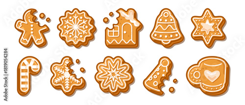 Set of cute gingerbread cookies in festive holiday shapes with icing, including stars, snowflakes, bells, and more