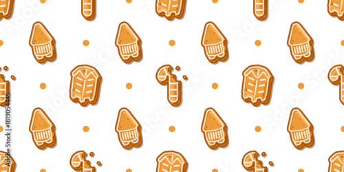 Seamless pattern of gingerbread cookies shaped like pencil, jacket, and bitten candy cane with festive icing