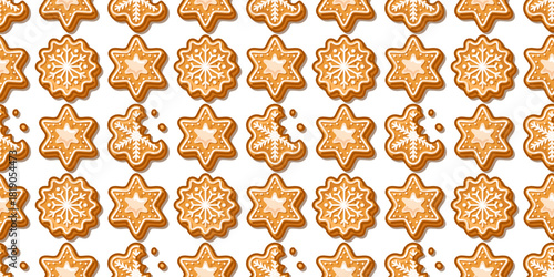 Seamless pattern of festive gingerbread cookies with icing in star and snowflake shapes, perfect for holiday designs