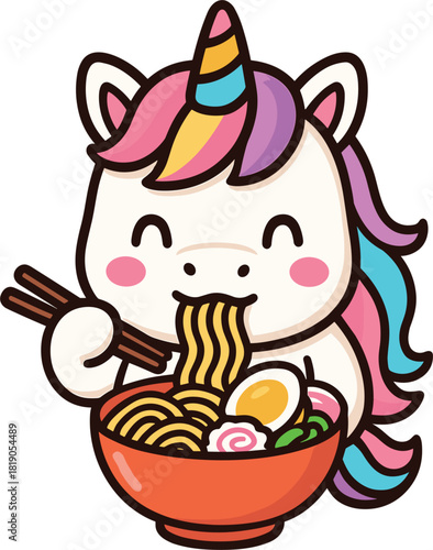 Kawaii unicorn character eating ramen noodles with chopsticks from orange bowl vector