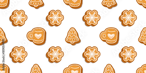Seamless pattern of gingerbread cookies shaped like bells, snowflakes, and mugs with icing, festive and cozy design
