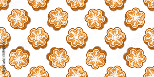 Seamless pattern of snowflake-decorated gingerbread cookies with white icing, perfect for winter holiday backgrounds