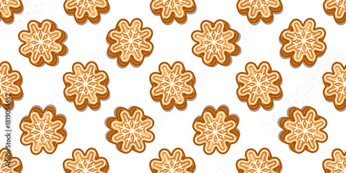 Seamless pattern with star-shaped gingerbread cookies decorated with snowflake icing, festive and sweet background