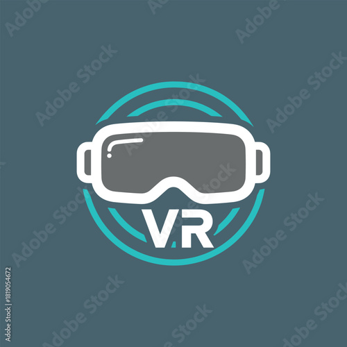 White and gray virtual reality headset icon with teal circular accents and V R text VR headset technology