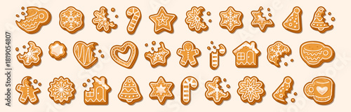 Gingerbread cookie elements, winter treats and sweet holiday icons in a cartoon flat style. Decorative shapes, stars, hearts, snowflakes, houses and candies arranged on a soft background.