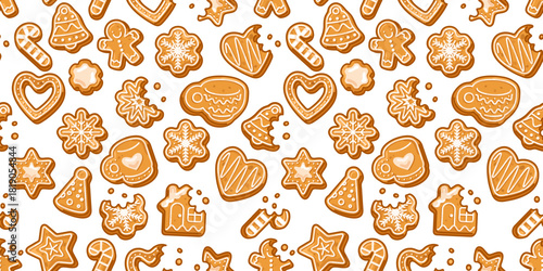 Gingerbread cookies, stars, hearts, cups, bells, candy shapes arranged in a cozy seamless pattern with winter holiday vibes