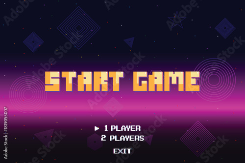 START GAME. pixel art .8 bit game. retro video game. for game assets. Retro Futurism Sci-Fi Background. glowing neon grid and star from vintage arcade computer games