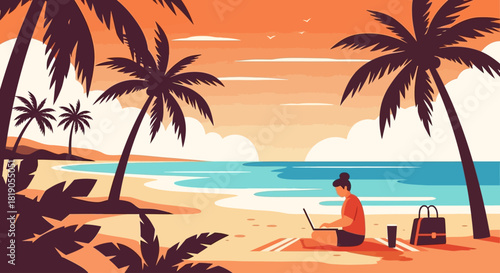 Digital Nomad Beach Work Vector