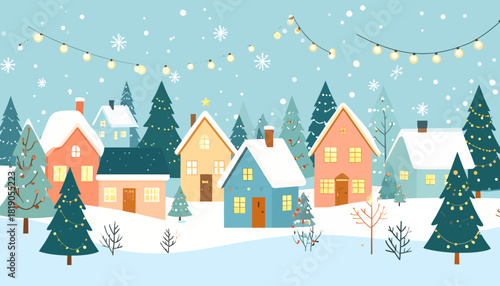 Minimalist Christmas village illustration with cozy houses, pine trees, snow, and war