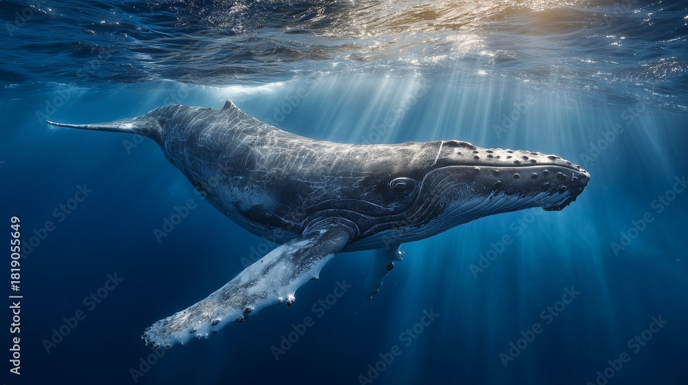 Fototapeta premium A breathtaking, hyperrealistic underwater photograph of a majestic Humpback whale (Megaptera novaeangliae) gracefully swimming through crystal-clear, deep blue oceanic waters