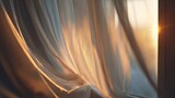 Sunlight streams through flowing sheer curtains, creating warm glows