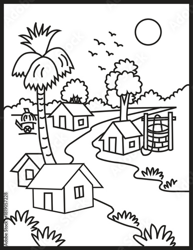 Simple Line Art Scene of a Traditional Village Landscape for Kids Coloring Book Page