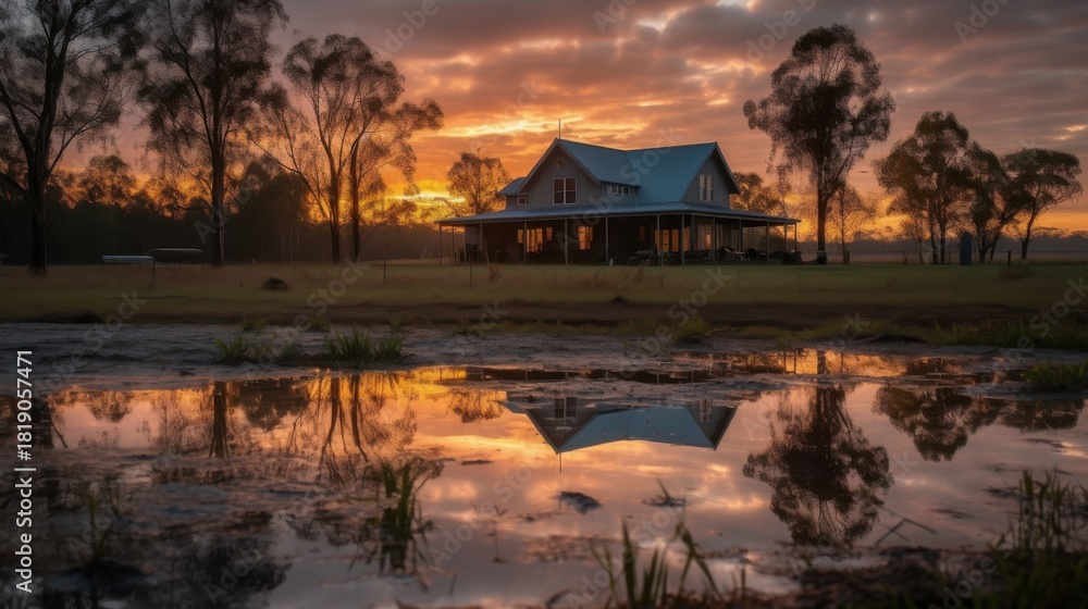 Fototapeta premium Country House at Sunset with Beautiful Reflection in Water