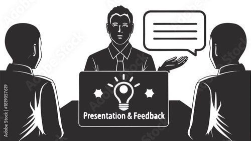 Conceptual illustration of a presentation with feedback elements featuring a clean and modern design with diverse color options and typography for business and creative projects