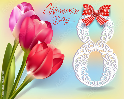 March 8, Women's Day, tulips with the number eight and a bow.