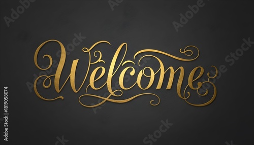 Elegant gold welcome text on a dark gray background.