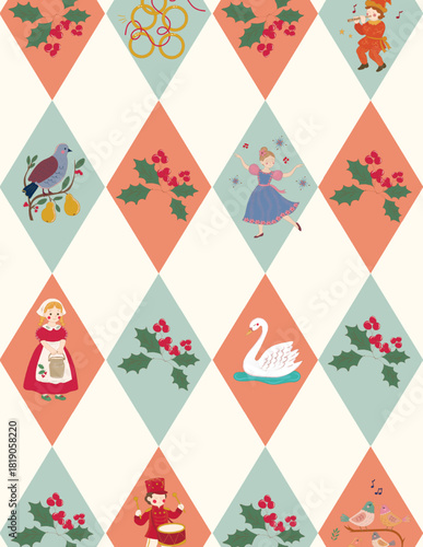 Whimsical diamond pattern design featuring classic Twelve Days of Christmas characters, holly clusters, and festive illustrations in soft vintage colors.