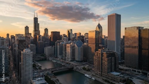 An eye-level cityscape of the city skyline, framed by the backdrop of a dramatic, multi-toned sky, with golden hues from the rising or setting sun