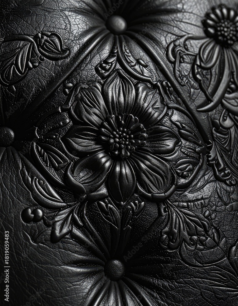 Obraz premium Close-up of black tufted leather with intricate embossed floral patterns and buttons