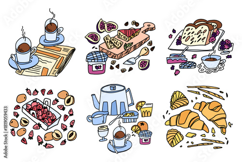 A large collection of European breakfast. Pastries, toast, tea, eggs, fruits, jams in a doodle style