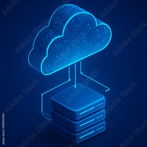 Isometric Cloud Computing Server with Glowing Blue Elements