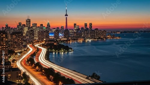 City skyline view at dusk, capturing the urban landscape and stunning sunset sky