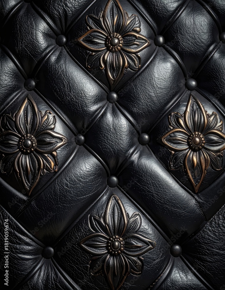 Obraz premium Black tufted leather with ornate bronze floral studs in a diamond pattern