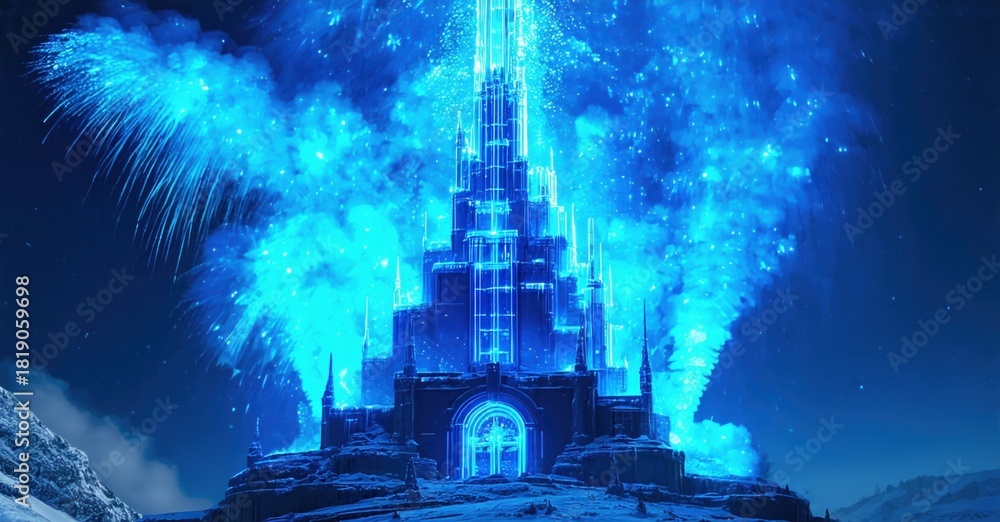 Fototapeta premium Magnificent castle illuminated by vibrant fireworks. Snowy landscape surrounds imposing structure. Nighttime scene evokes fantasy, wonder.