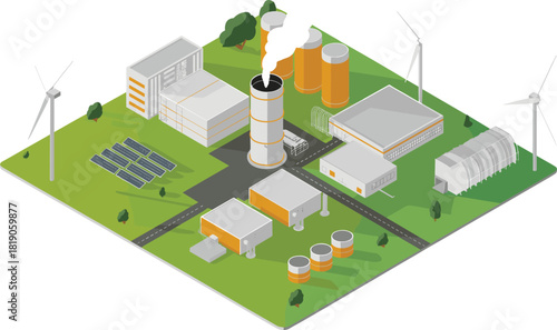 Isometric industrial plant illustration, renewable energy factory, power generation facility, eco-friendly industry, solar panels, wind turbines, sustainable energy infrastructure