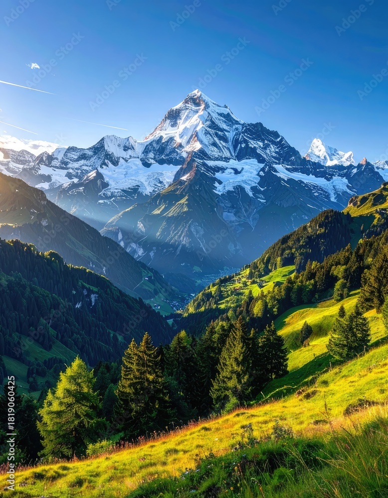 Fototapeta premium Majestic snow-capped mountain peak overlooking a lush, sunlit green valley