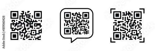 QR code icon collection with scan me labels, template frames, and vector illustrations, suitable for digital designs, qr code marketing, technology graphics, and instructional materials.

