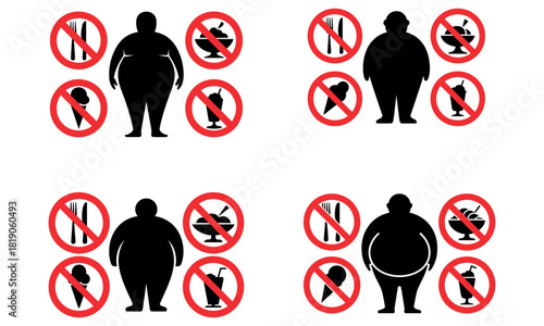 Obesity prevention icons with unhealthy food prohibition signs
