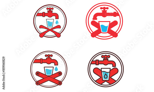 No tap water prohibition icons set with faucet and drinking symbols
