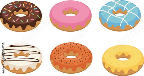 Donut cartoon vector set, colorful frosting and topping styles, bakery dessert icons, flat food illustration, side view, sweet snack