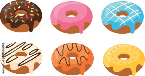 Donut cartoon vector set, colorful icing and drizzle styles, bakery dessert icons, flat food illustration, side view, sweet snack