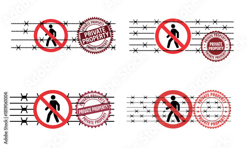 No entry prohibition icons set with fence barbed wire and private property signs
