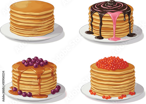 Pancake cartoon vector set, sweet and savory toppings, whipped cream, syrup, berries, caviar, flat food illustration