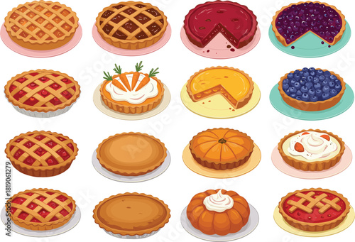 Pie cartoon vector set, assorted dessert illustrations, fruit toppings, crust styles, whipped cream, flat food icons, side view, bakery theme