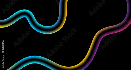 Vivid colorful wavy ribbons with grainy grunge texture on black background. Vector design