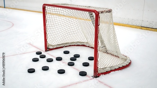 Isolated hockey net with pucks sports equipment game cut out With shadow. AI GENERATED.

