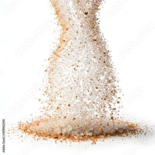 Sugar Crystals and Cinnamon Mixed Falling Macro Isolated on White