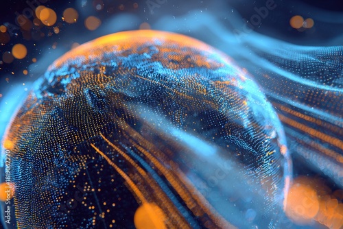 A conceptual digital globe rendered with blue and orange glowing particles, surrounded by ethereal flows