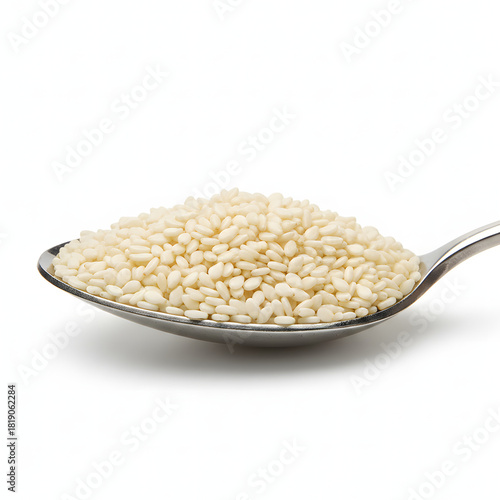 Spoonful of White Sesame Seeds Macro Texture Isolated on White