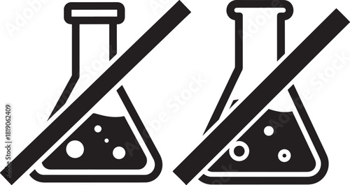 Two chemical flasks with diagonal bars indicating prohibition silhouette