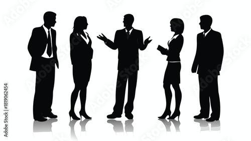 Dynamic composition featuring a group of five diverse professionals collaborating and interacting in a modern vibrant setting suitable for business or corporate themes