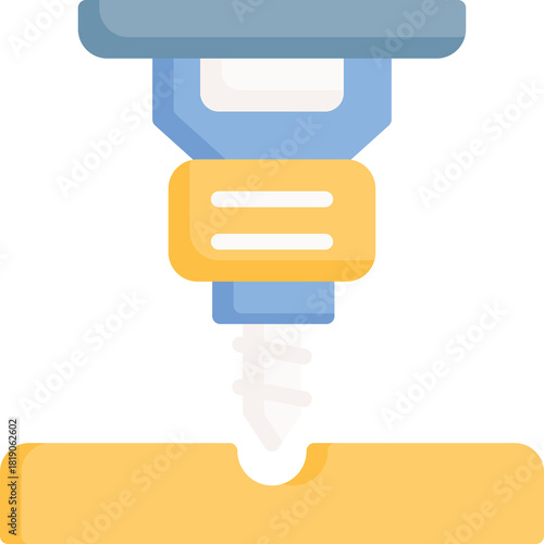 Industrial Drilling Machine Creating Hole In Material With Blue Yellow Mechanical Tool And White Drill Bit