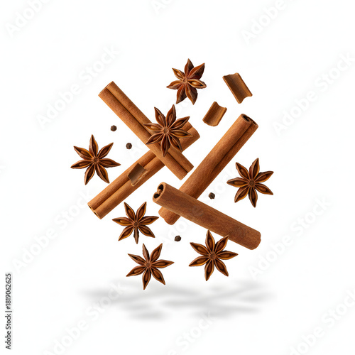 Star Anise and Cinnamon Sticks Floating Mid-Air Isolated on White